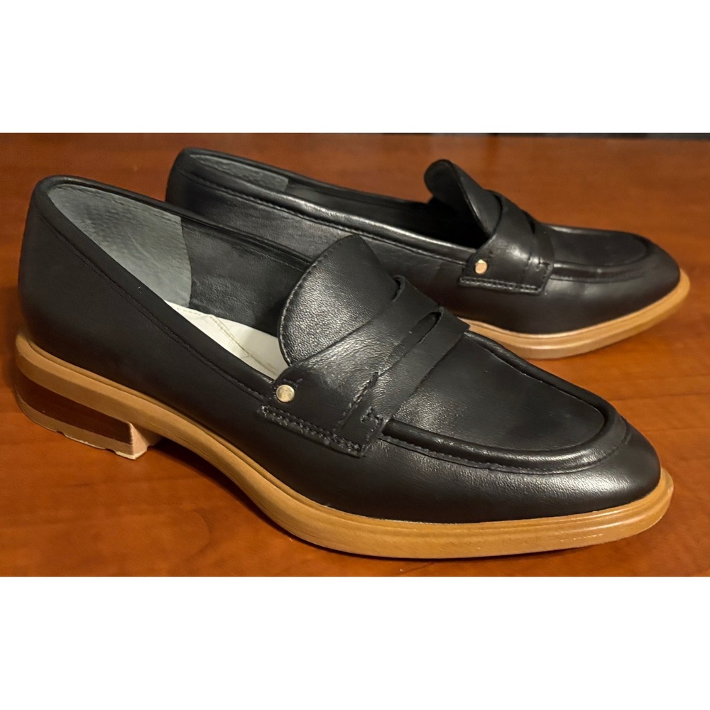Franco Sarto Edith Black Leather Penny Loafers Tan Platform Shoes Womens 6M